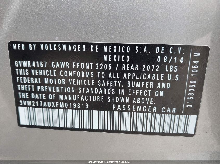 2015 Volkswagen Golf Tsi S 4-Door VIN: 3VW217AUXFM019819 Lot: 43245471