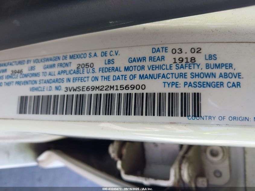 2002 Volkswagen Jetta Gls 1.8L VIN: 3VWSE69M22M156900 Lot: 43245473