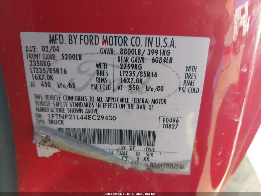 2004 Ford F-250 Xl/Xlt VIN: 1FTNF21L44EC29430 Lot: 43245475