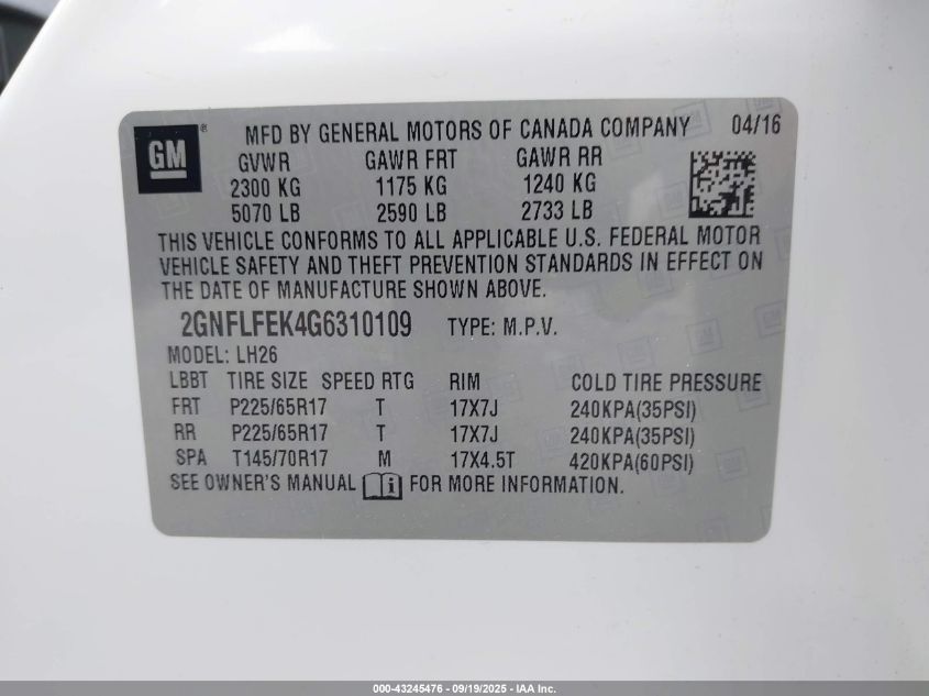 2016 Chevrolet Equinox Lt VIN: 2GNFLFEK4G6310109 Lot: 43245476