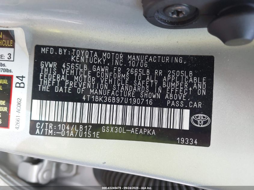 2007 Toyota Avalon Limited VIN: 4T1BK36B97U190716 Lot: 43245479