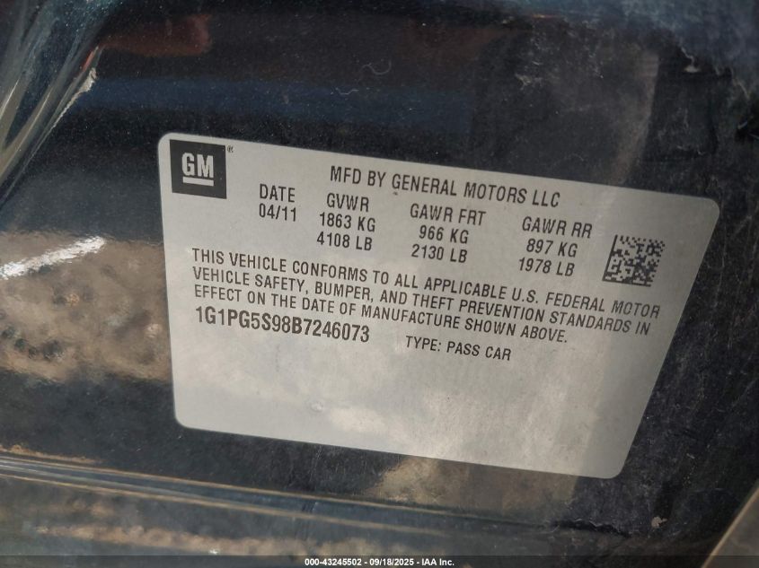 2011 Chevrolet Cruze 2Lt VIN: 1G1PG5S98B7246073 Lot: 43245502