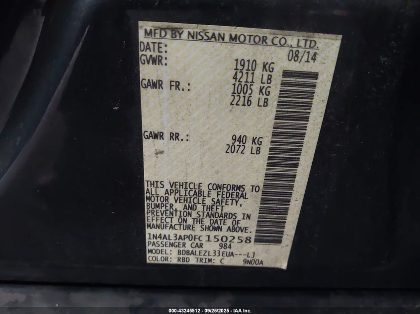 1N4AL3AP0FC150258 2015 NISSAN ALTIMA photo no. 9