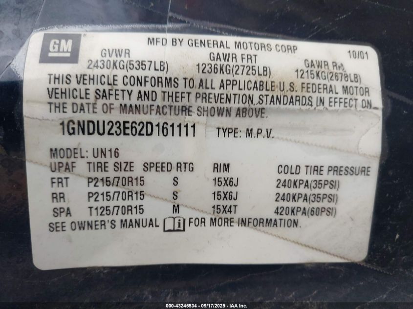 2002 Chevrolet Venture Value Van VIN: 1GNDU23E62D161111 Lot: 43245534