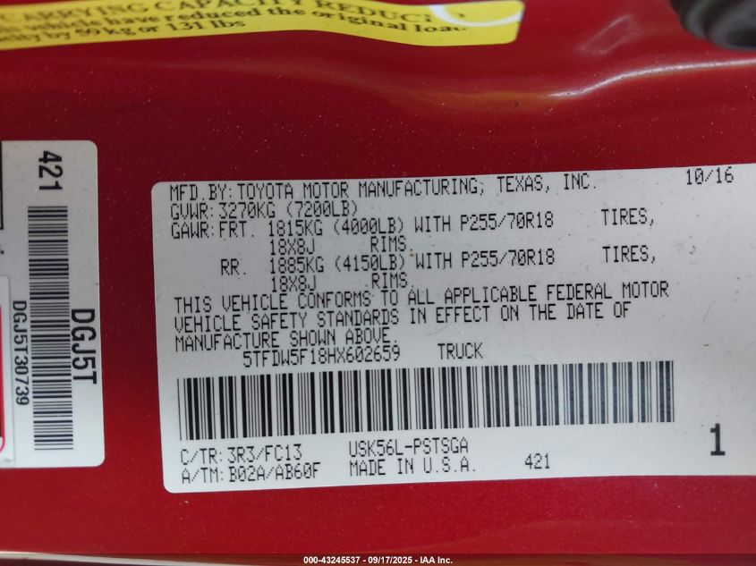 2017 Toyota Tundra Sr5 5.7L V8 VIN: 5TFDW5F18HX602659 Lot: 43245537