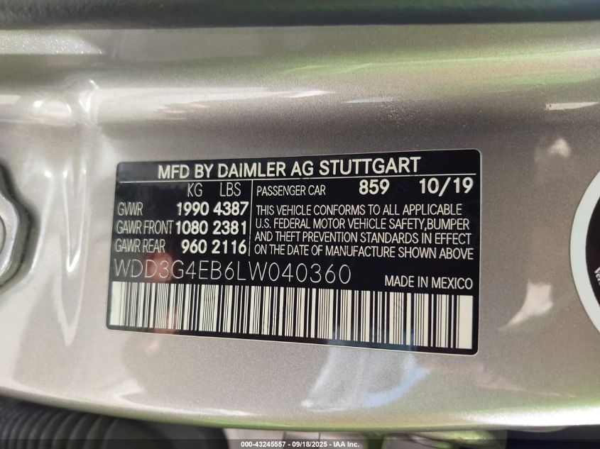 2020 Mercedes-Benz A 220 VIN: WDD3G4EB6LW040360 Lot: 43245557