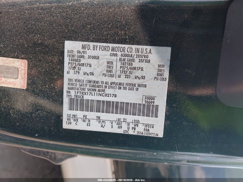 2001 Ford F-150 Lariat/Xl/Xlt VIN: 1FTRX17L11NC02178 Lot: 43245559