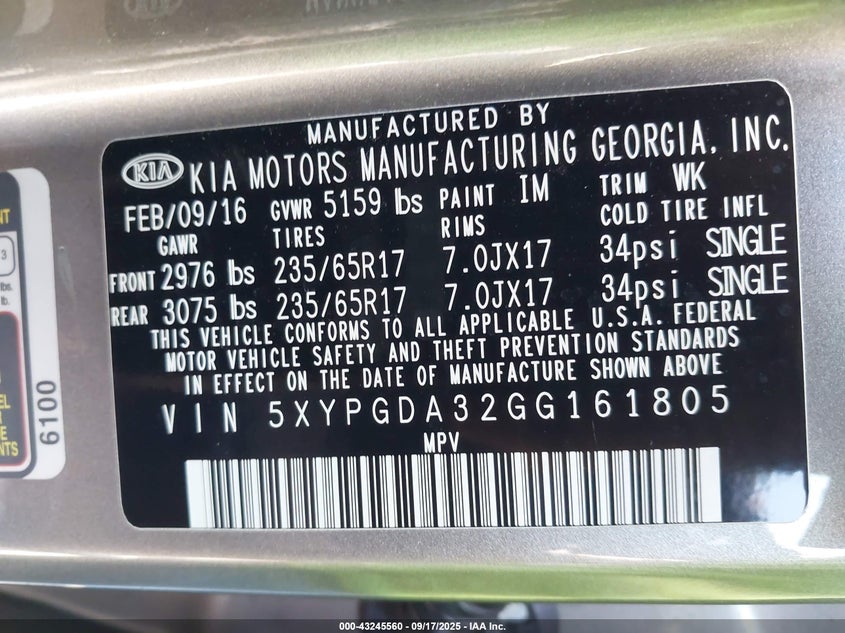 2016 Kia Sorento 2.4L Lx VIN: 5XYPGDA32GG161805 Lot: 43245560