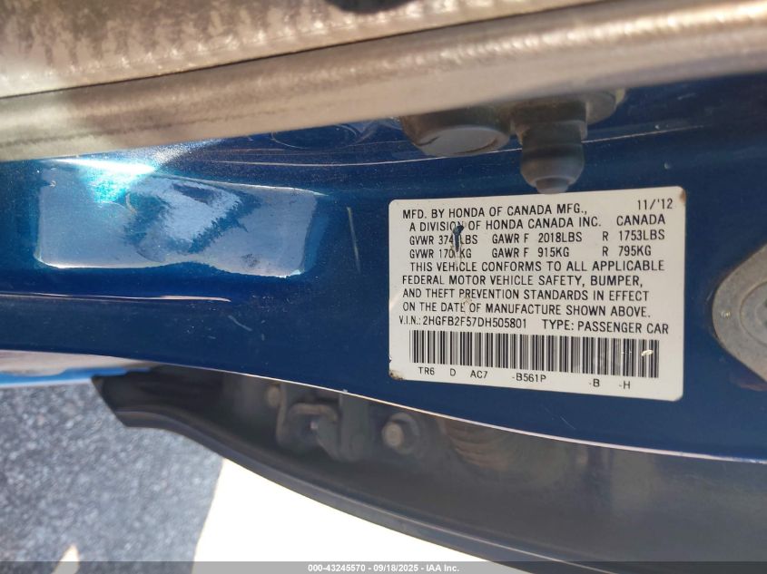 2013 Honda Civic Lx VIN: 2HGFB2F57DH505801 Lot: 43245570