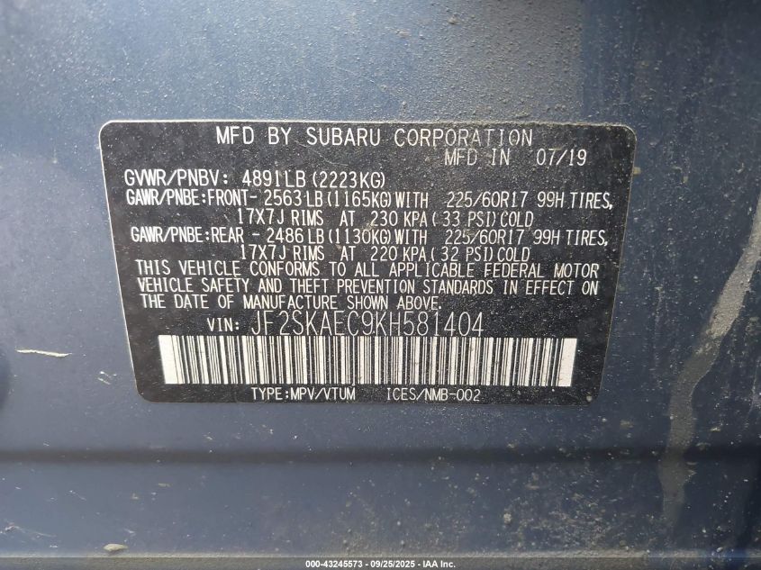 2019 Subaru Forester Premium VIN: JF2SKAEC9KH581404 Lot: 43245573