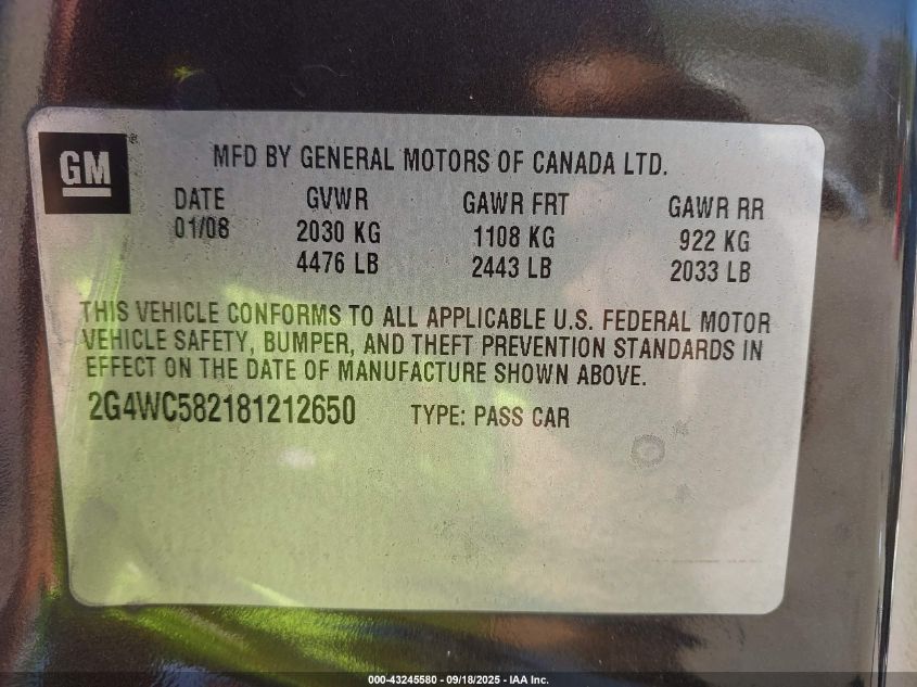 2008 Buick Lacrosse Cx VIN: 2G4WC582181212650 Lot: 43245580