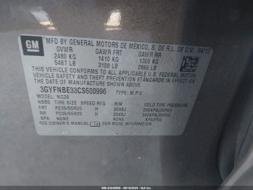 2012 Cadillac Srx Performance Collection VIN: 3GYFNBE33CS600996 Lot: 43245588