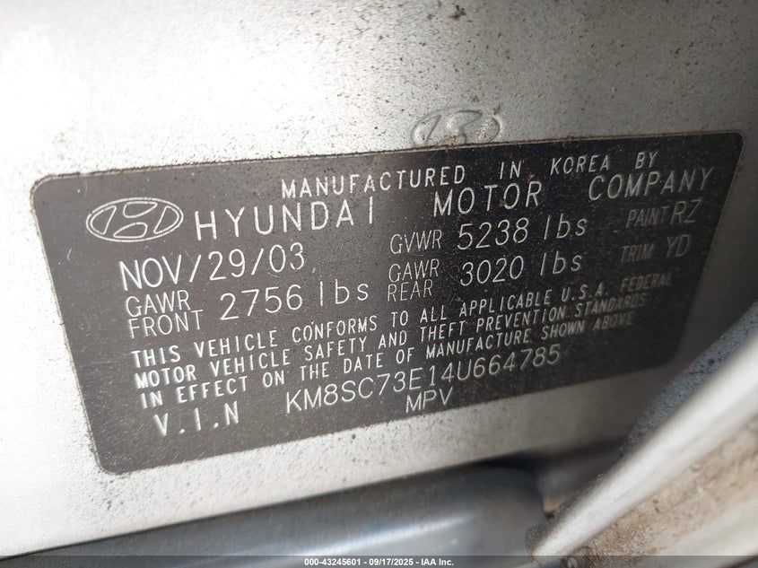 2004 Hyundai Santa Fe Gls/Lx VIN: KM8SC73E14U664785 Lot: 43245601