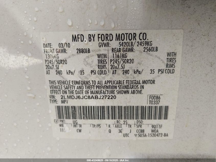 2010 Lincoln Mkx VIN: 2LMDJ6JC8ABJ27220 Lot: 43245629