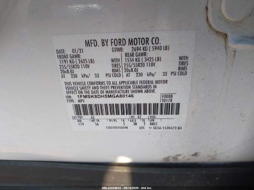 2021 Ford Explorer Xlt VIN: 1FMSK8DH5MGA80146 Lot: 43245635