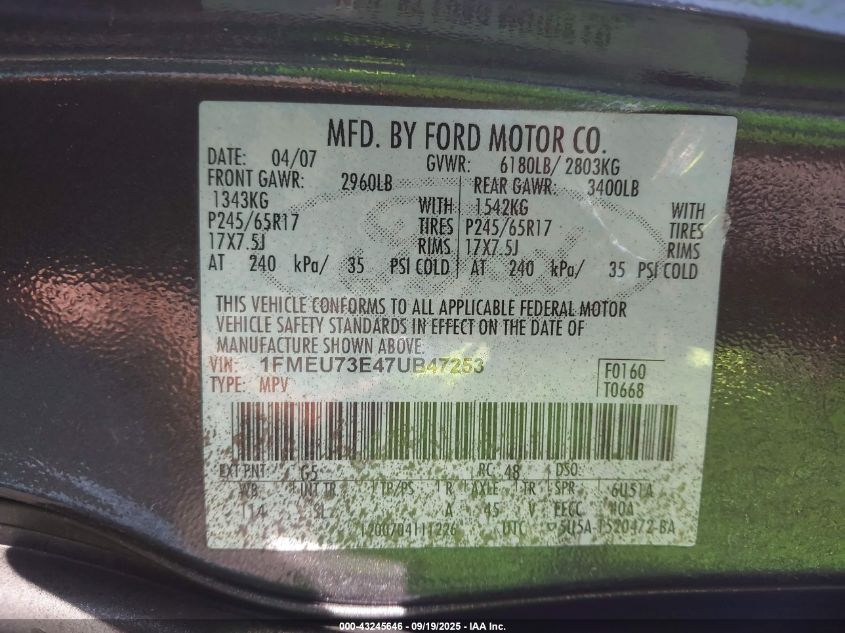 2007 Ford Explorer Xlt VIN: 1FMEU73E47UB47253 Lot: 43245646