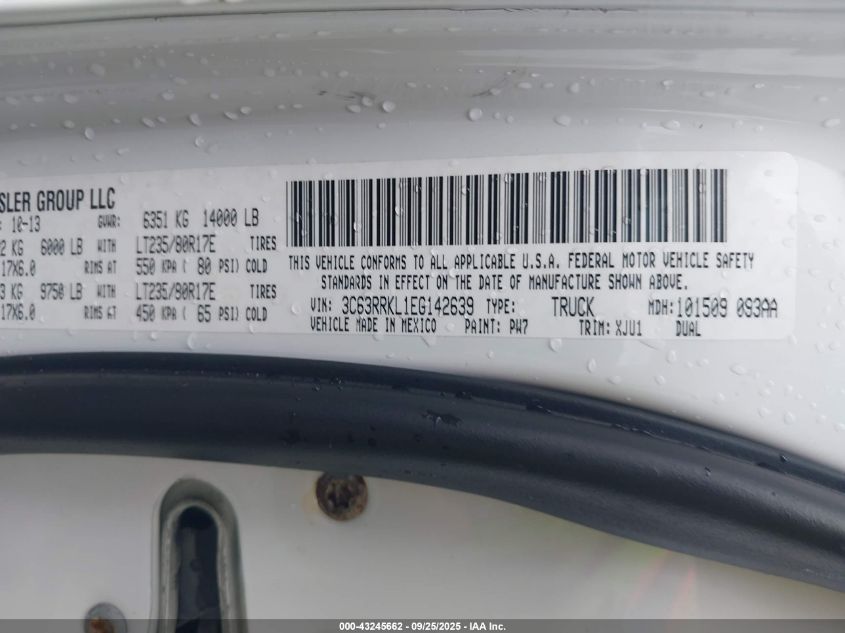 2014 Ram 3500 Longhorn VIN: 3C63RRKL1EG142639 Lot: 43245662