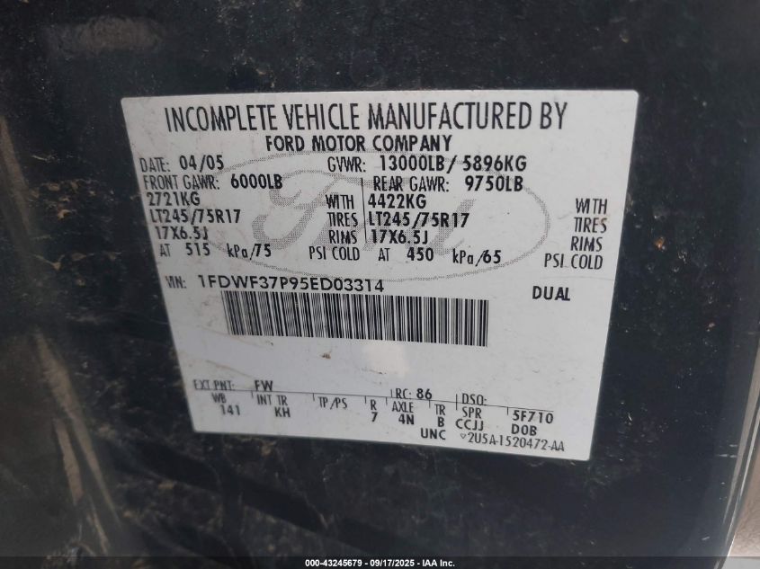 2005 Ford F-350 Xl/Xlt VIN: 1FDWF37P95ED03314 Lot: 43245679