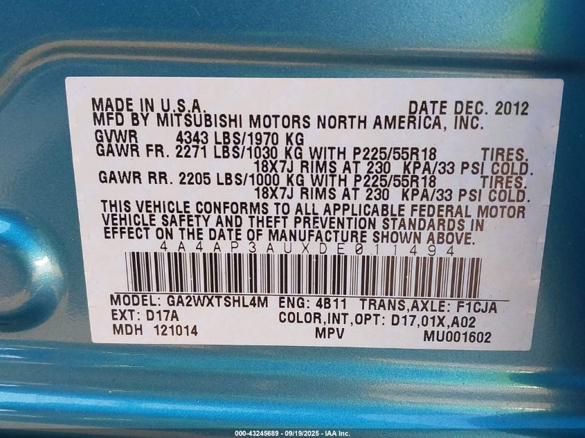 2013 Mitsubishi Outlander Sport Es VIN: 4A4AP3AUXDE011494 Lot: 43245689