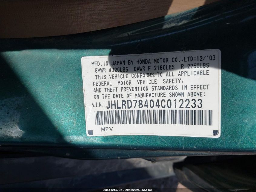 2004 Honda Cr-V Lx VIN: JHLRD78404C012233 Lot: 43245702