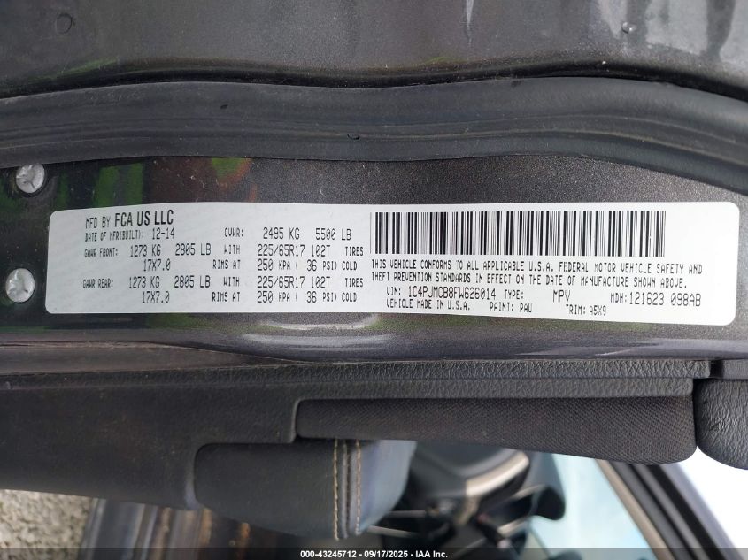 2015 Jeep Cherokee Latitude VIN: 1C4PJMCB8FW626014 Lot: 43245712