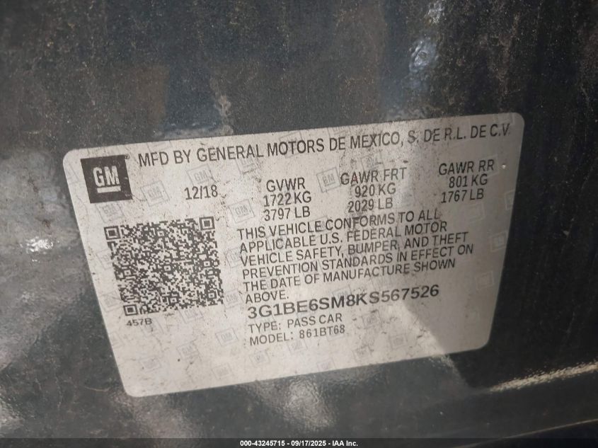 2019 Chevrolet Cruze Lt VIN: 3G1BE6SM8KS567526 Lot: 43245715