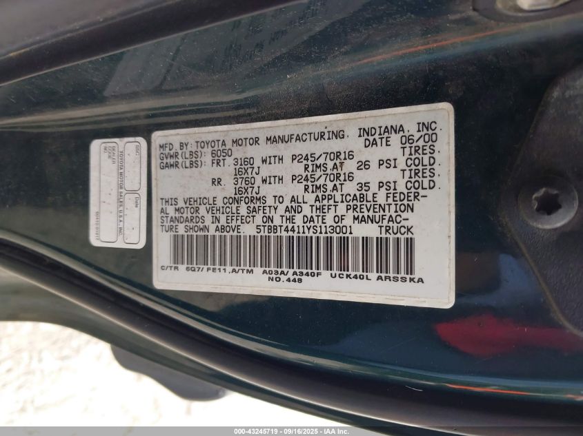 2000 Toyota Tundra Sr5 V8 VIN: 5TBBT4411YS113001 Lot: 43245719