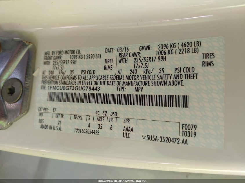 2016 Ford Escape Se VIN: 1FMCU0G73GUC78443 Lot: 43245728