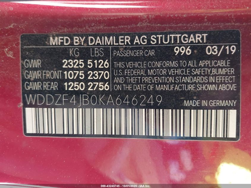 2019 Mercedes-Benz E 300 VIN: WDDZF4JB0KA646249 Lot: 43245745