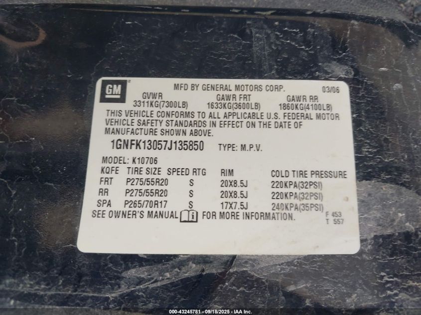 2007 Chevrolet Tahoe Ltz VIN: 1GNFK13057J135850 Lot: 43245781