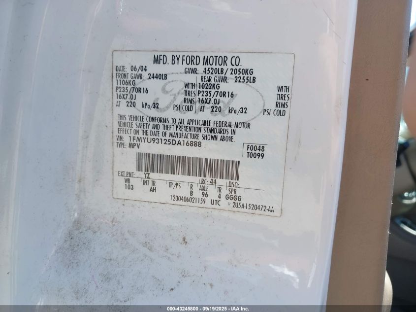 2005 Ford Escape Xlt VIN: 1FMYU93125DA16888 Lot: 43245800