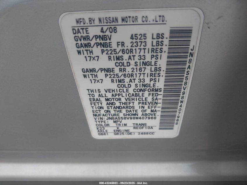 2008 Nissan Rogue Sl VIN: JN8AS58V98W407968 Lot: 43245803