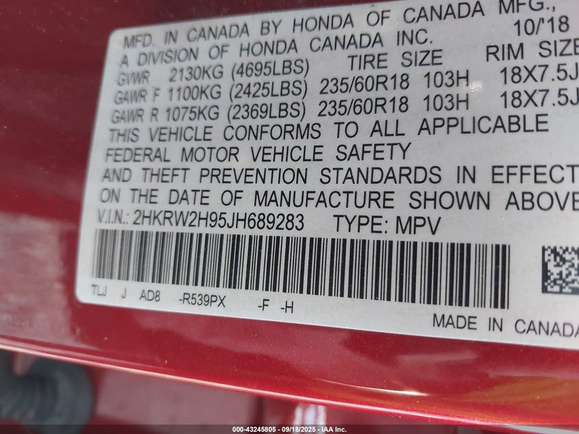 2018 HONDA CR-V TOURING - 2HKRW2H95JH689283