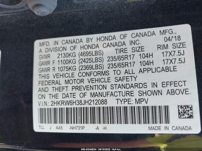 2018 HONDA CR-V LX - 2HKRW6H38JH212088