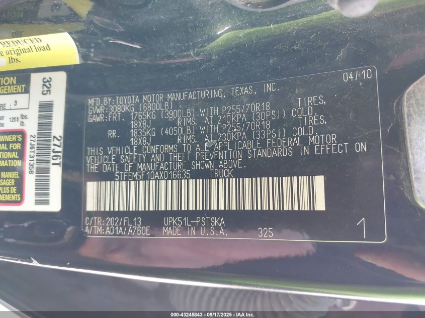 2010 Toyota Tundra Grade 4.6L V8 VIN: 5TFEM5F10AX016635 Lot: 43245843