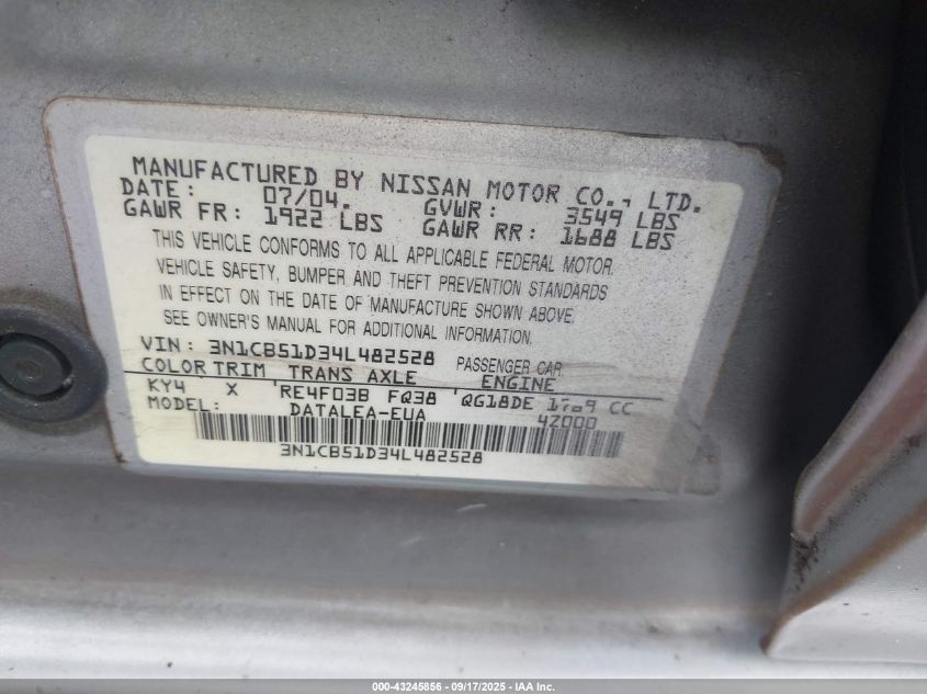 2004 Nissan Sentra 1.8S VIN: 3N1CB51D34L482528 Lot: 43245856