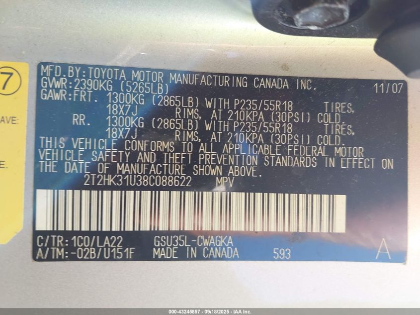 2008 Lexus Rx 350 VIN: 2T2HK31U38C088622 Lot: 43245857