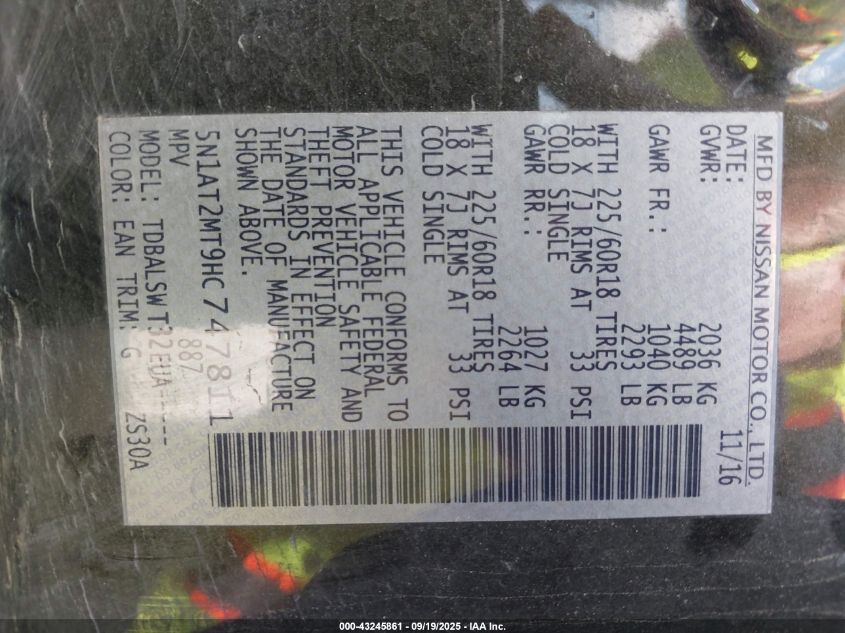 2017 Nissan Rogue Sl VIN: 5N1AT2MT9HC747811 Lot: 43245861