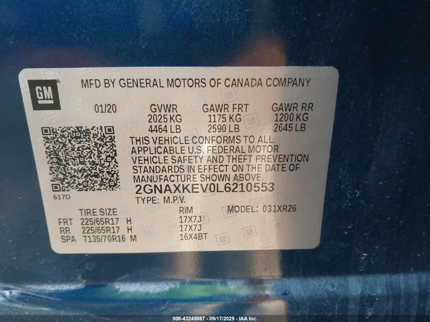 2020 Chevrolet Equinox Fwd Lt 1.5L Turbo VIN: 2GNAXKEV0L6210553 Lot: 43245867