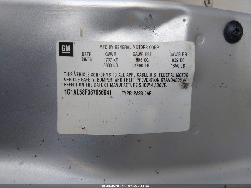 2006 Chevrolet Cobalt Lt VIN: 1G1AL58F367656641 Lot: 43245890