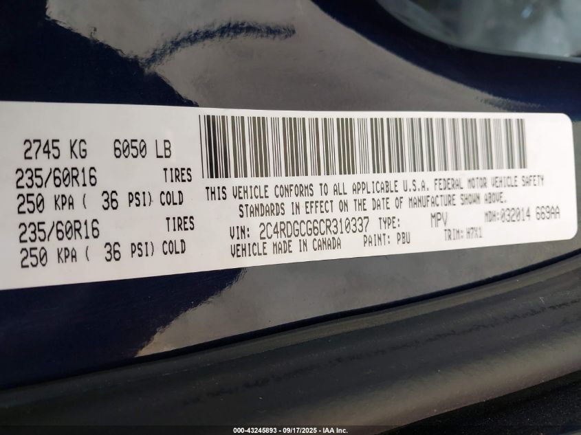 2012 Dodge Grand Caravan Sxt VIN: 2C4RDGCG6CR310337 Lot: 43245893