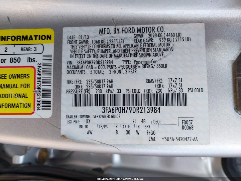 2013 Ford Fusion Se VIN: 3FA6P0H79DR213984 Lot: 43245901