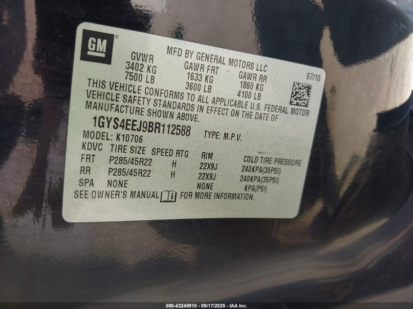 2011 Cadillac Escalade Hybrid Standard VIN: 1GYS4EEJ9BR112588 Lot: 43245910