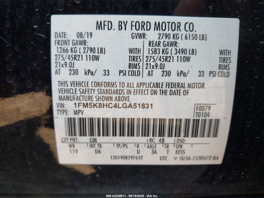 2020 Ford Explorer Platinum VIN: 1FM5K8HC4LGA51831 Lot: 43245911