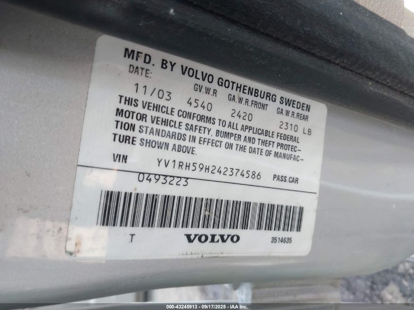 2004 Volvo S60 2.5T Awd VIN: YV1RH59H242374586 Lot: 43245913