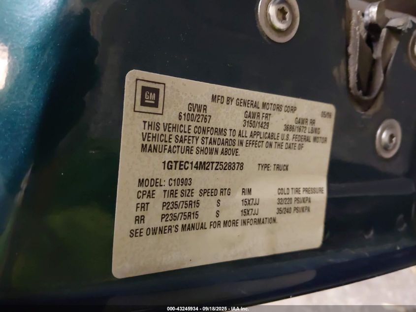 1996 GMC Sierra C1500 VIN: 1GTEC14M2TZ528378 Lot: 43245934