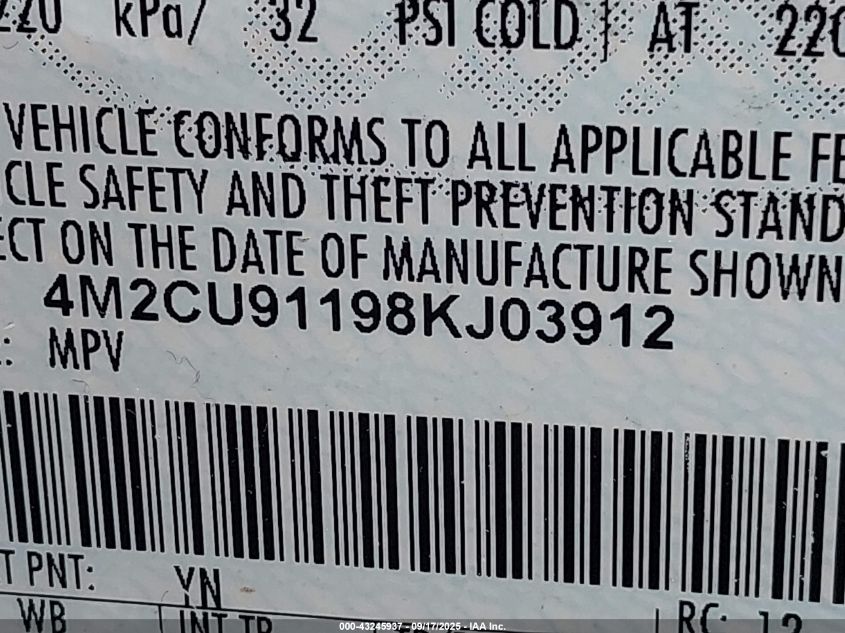 2008 Mercury Mariner V6 VIN: 4M2CU91198KJ03912 Lot: 43245937