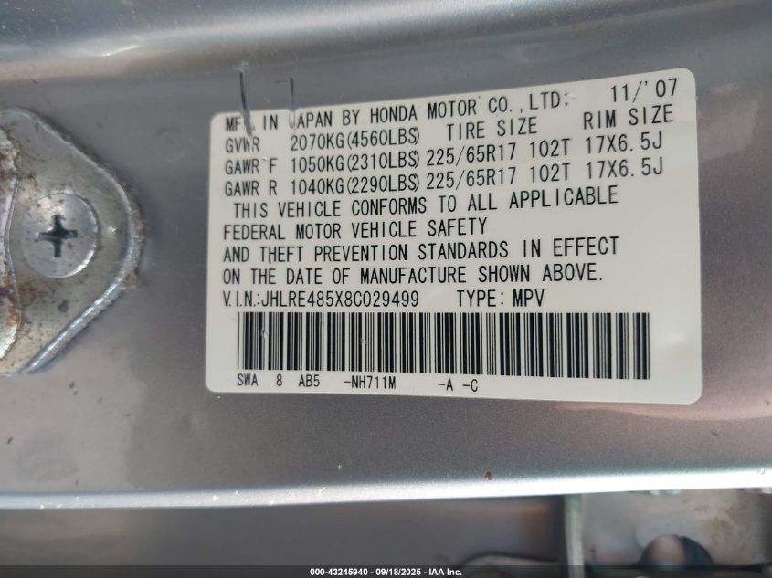 2008 Honda Cr-V Ex VIN: JHLRE485X8C029499 Lot: 43245940