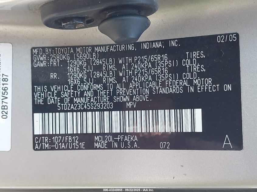 2005 Toyota Sienna Le VIN: 5TDZA23C45S293203 Lot: 43245955