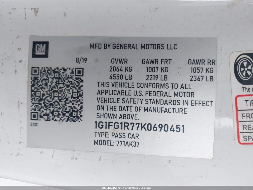 2019 Chevrolet Camaro 2Ss VIN: 1G1FH1R74K0147328 Lot: 43245972